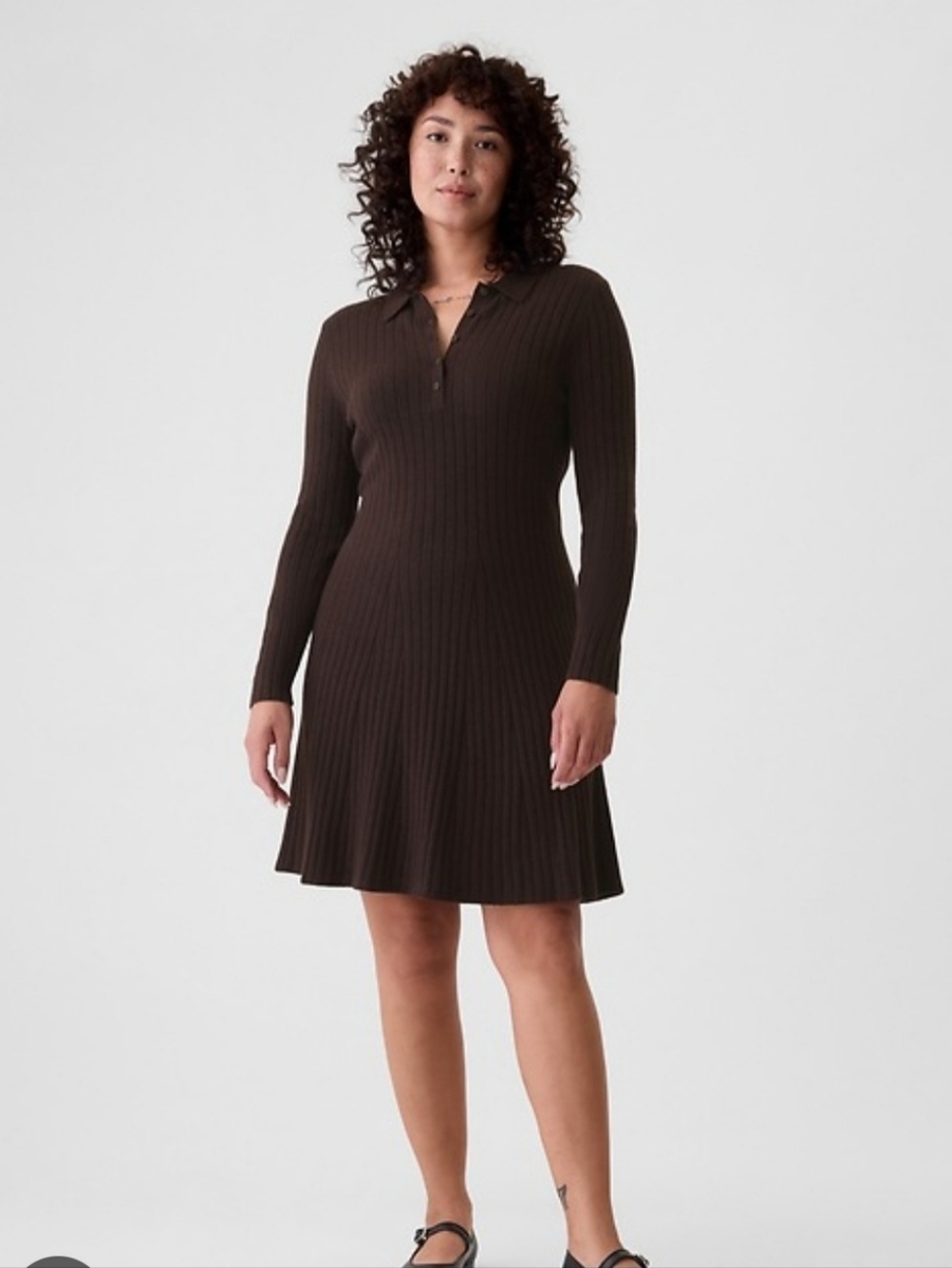 GAP Ribbed Long Sleeve Polo Dress in Brown
